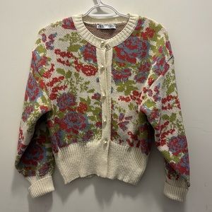 ZARA | Floral Cardigan with Faux Pearl Buttons